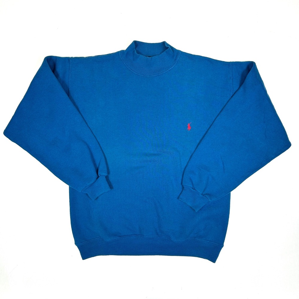 Vintage Ralph Lauren Mock Neck Sweatshirt Teal Blue Made in USA Mens Large